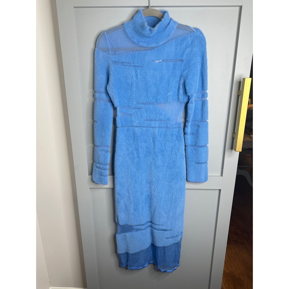 House of Sunny Blue Fuzzy Mesh Turtleneck Long Sleeve Midi Dress size 6- READ